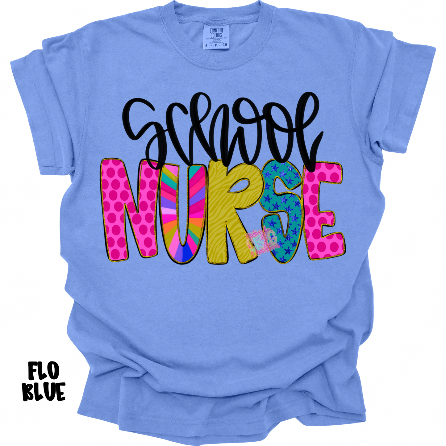 SCHOOL NURSE COLORFUL PATTERNS BLACK CURSIVE PREORDER