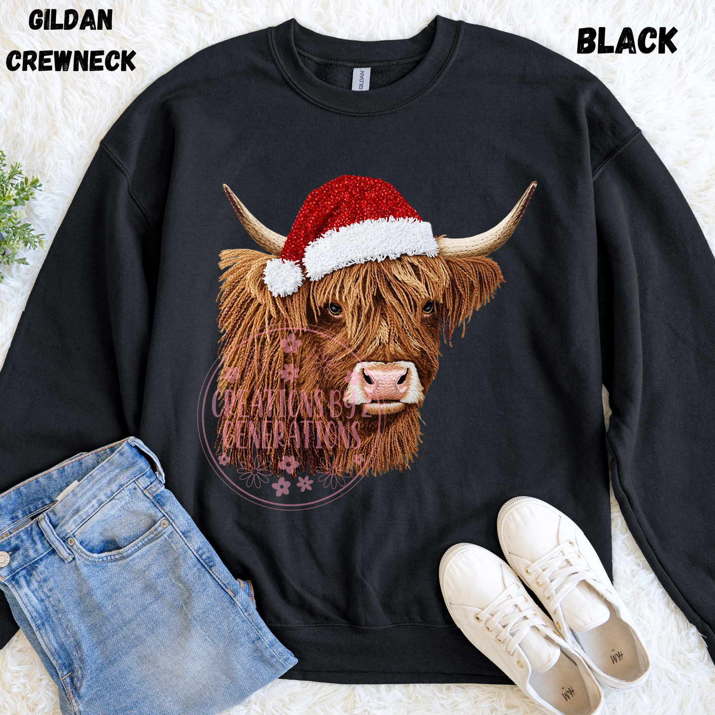 COW WITH SANTA HAT FAUX YARN PRINT
