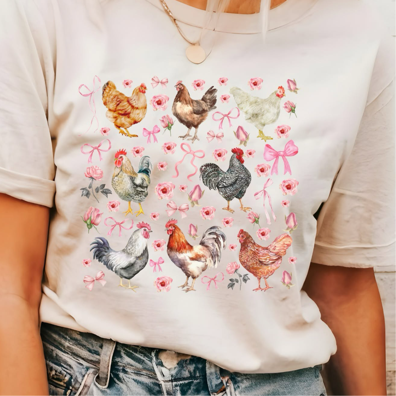 CHICKEN PINK BOWS & FLOWERS PRINT