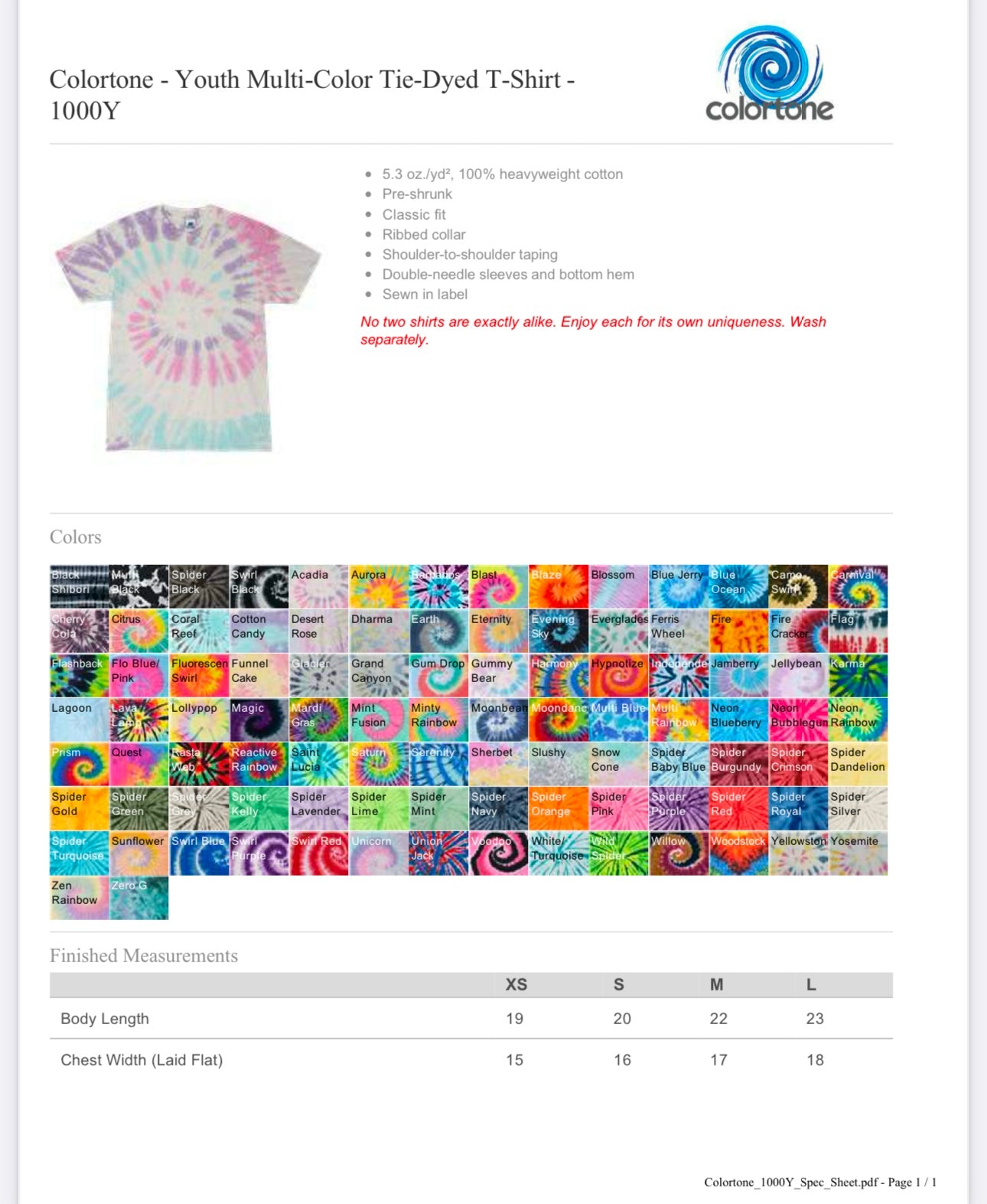 YOUTH LARGE MOONDANCE COLORTONE - YOUTH MULTI-COLOR TIE-DYED T-SHIRT - 1000Y