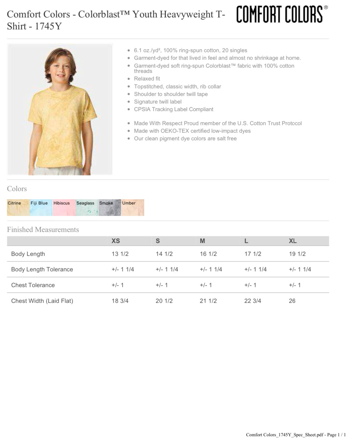 YOUTH SMALL SMOKE COMFORT COLORS - COLORBLAST YOUTH HEAVYWEIGHT T-SHIRT - 1745Y