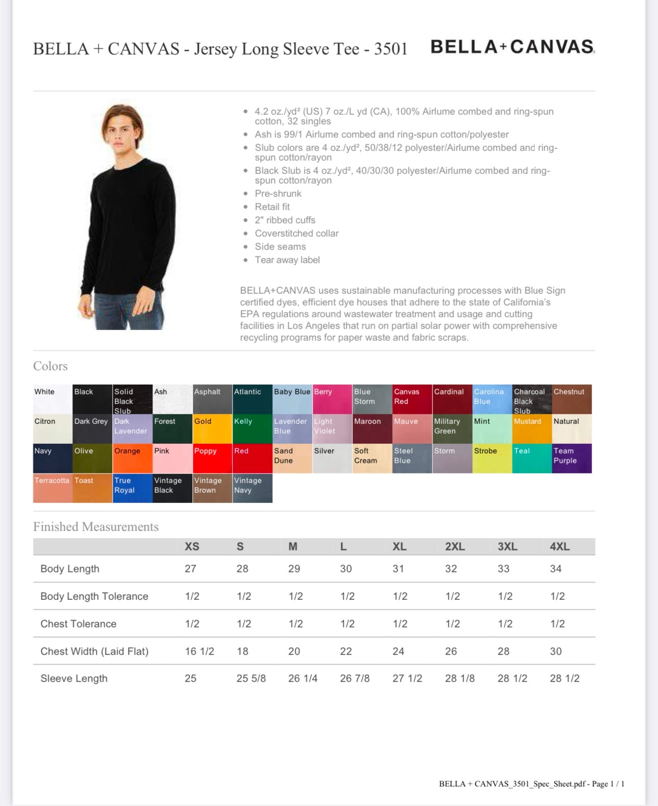 MEDIUM BLACK BELLA + CANVAS - JERSEY LONG SLEEVE TEE - 3501