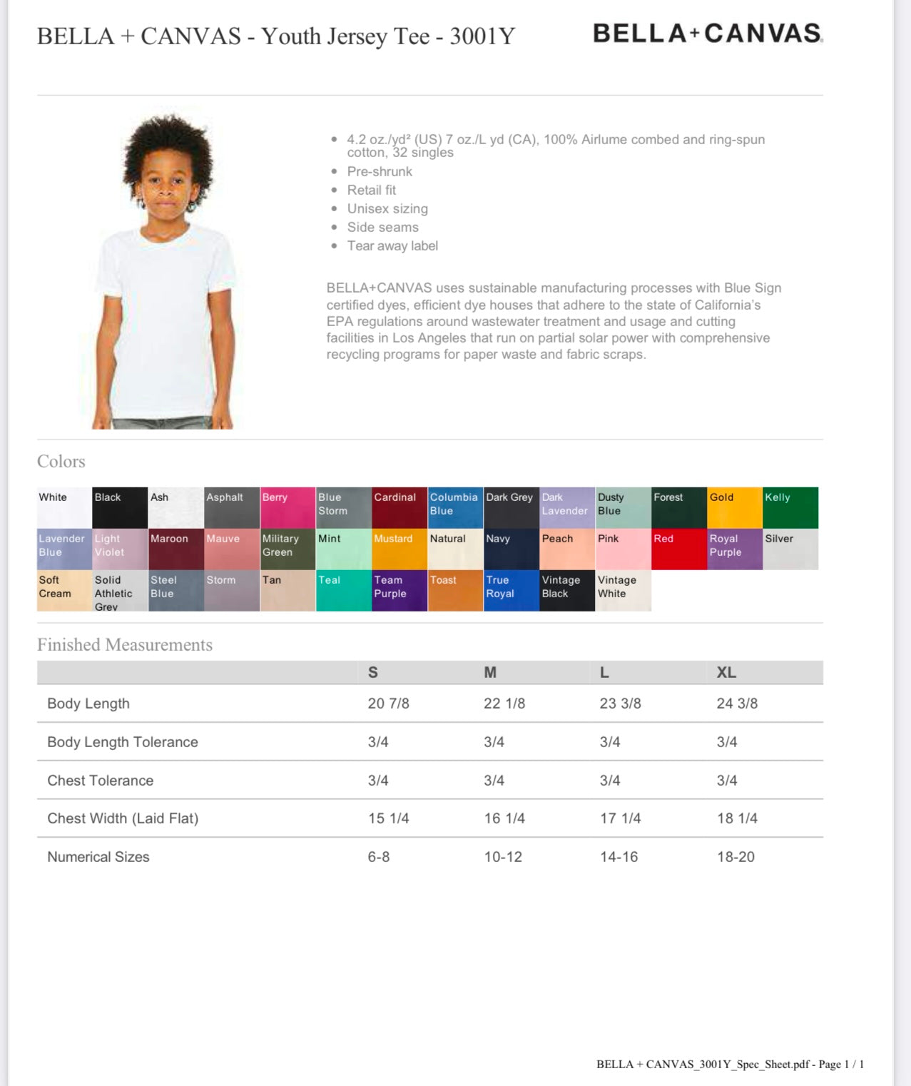 YOUTH LARGE TOAST BELLA + CANVAS - YOUTH JERSEY TEE - 3001Y