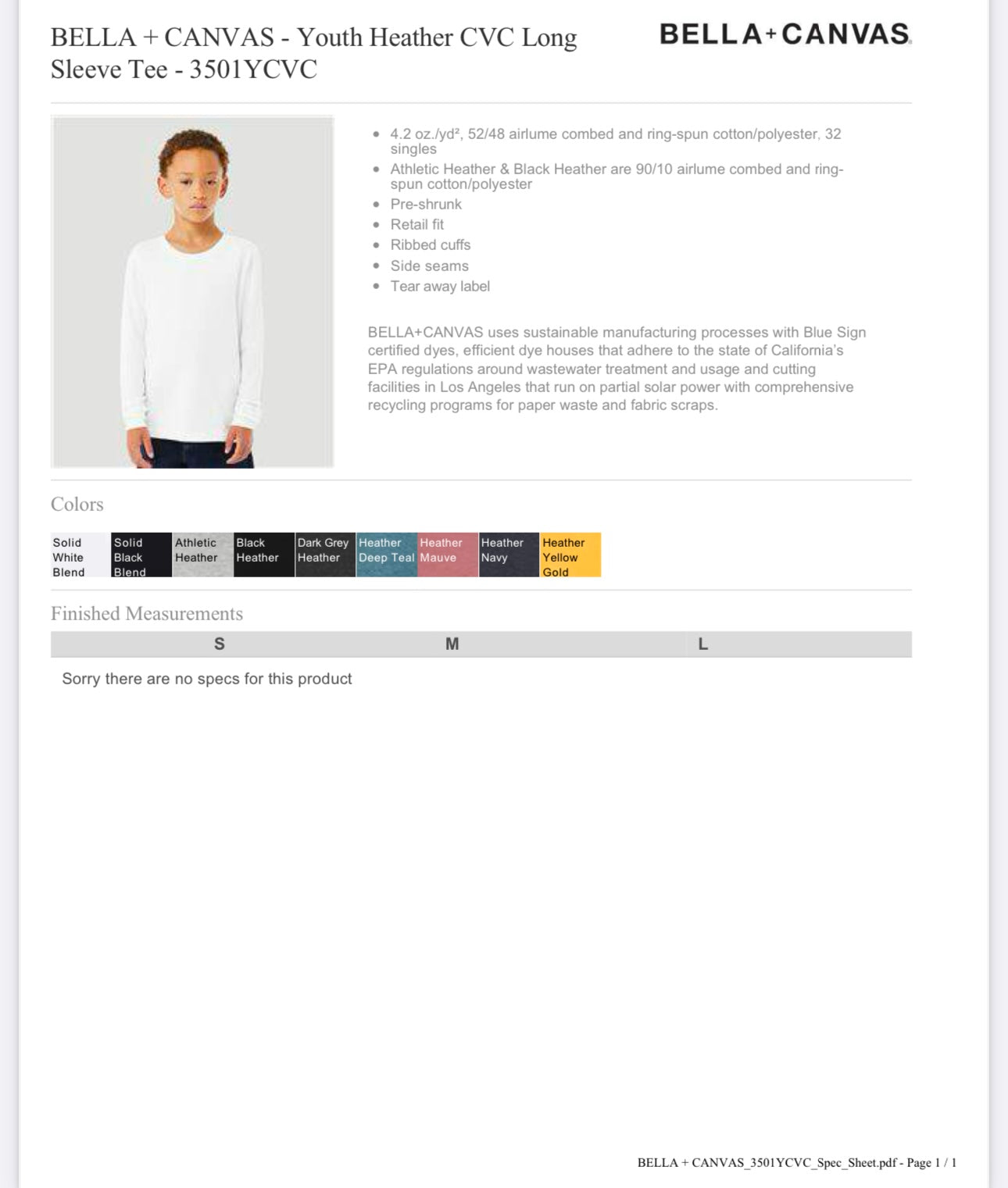 YOUTH MEDIUM ATHLETIC HEATHER BELLA + CANVAS - YOUTH HEATHER CVC LONG SLEEVE TEE - 3501YCVC