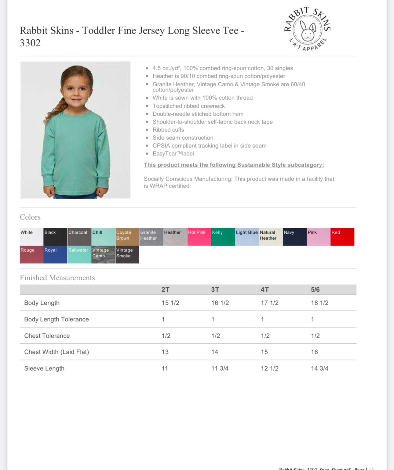 SIZE 5/6 GRANITE HEATHER RABBIT SKINS - TODDLER FINE JERSEY LONG SLEEVE TEE - 3302