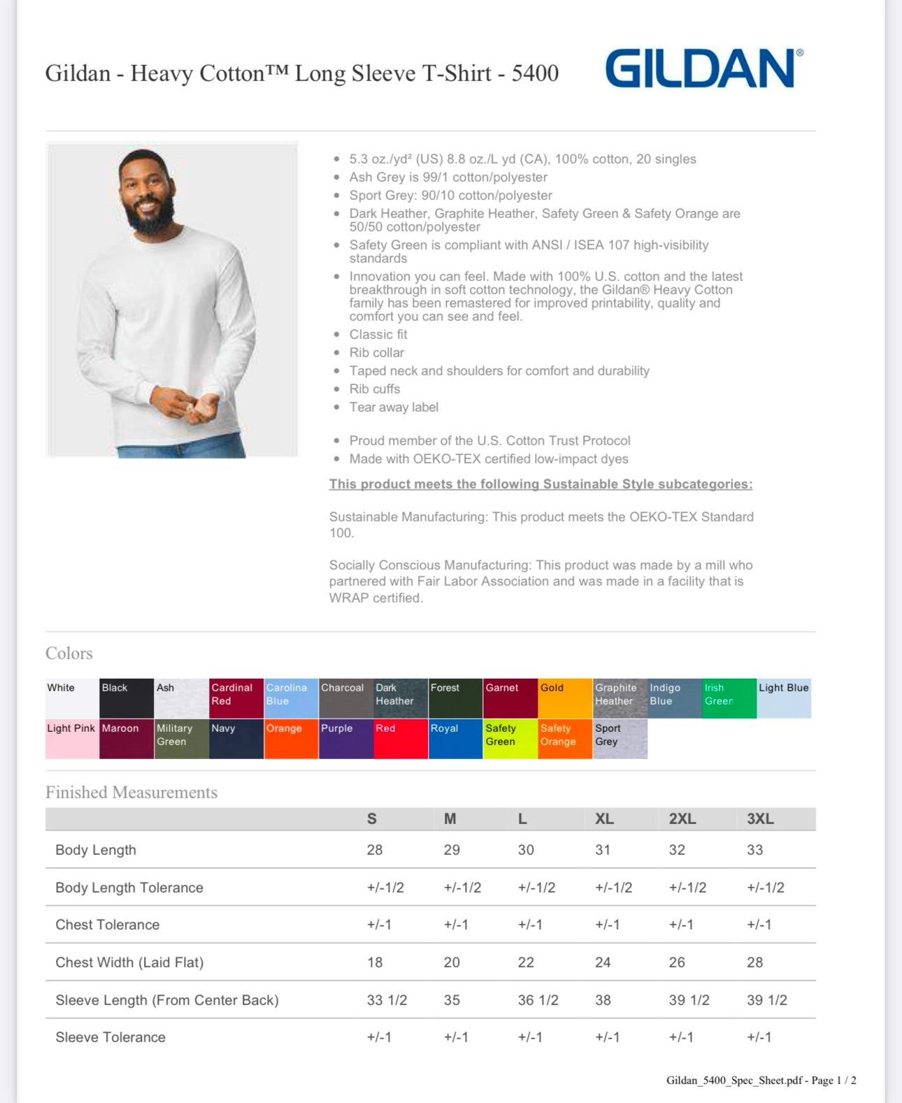 LARGE ASH GILDAN HEAVY COTTON LONG SLEEVE T-SHIRT - 5400