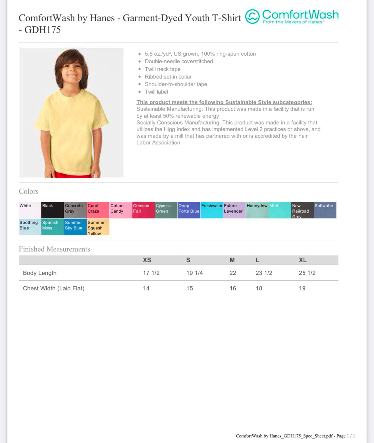 YOUTH SMALL SUMMER SKY BLUE COMFORTWASH BY HANES - GARMENT-DYED YOUTH T-SHIRT - GDH175