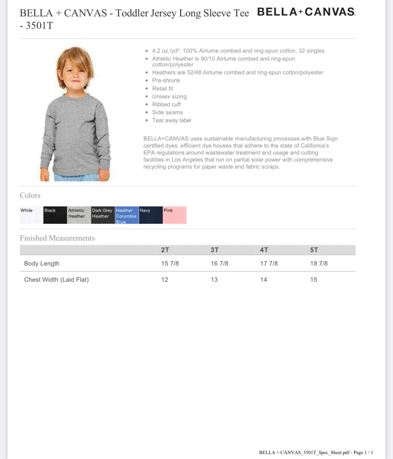 5T PINK BELLA + CANVAS - TODDLER JERSEY LONG SLEEVE TEE - 3501T