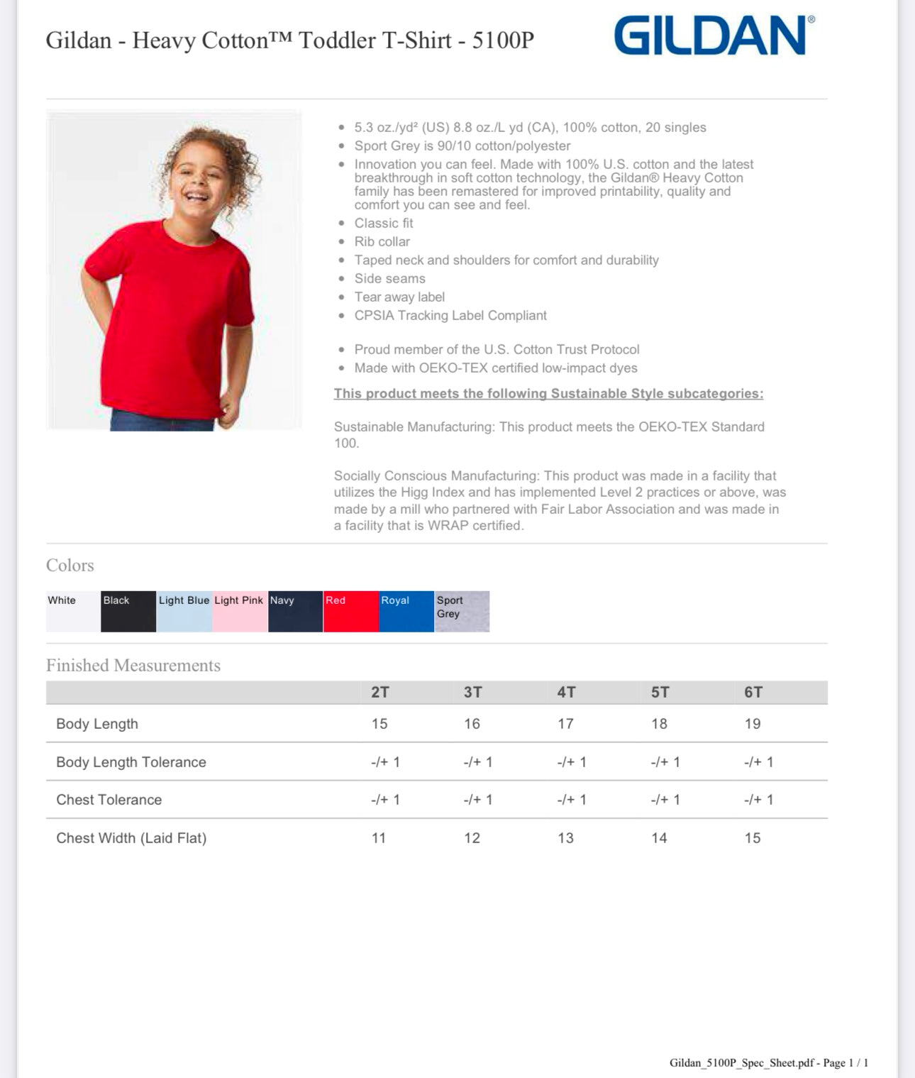 5T SPORT GREY GILDAN - HEAVY COTTON TODDLER T-SHIRT - 5100P