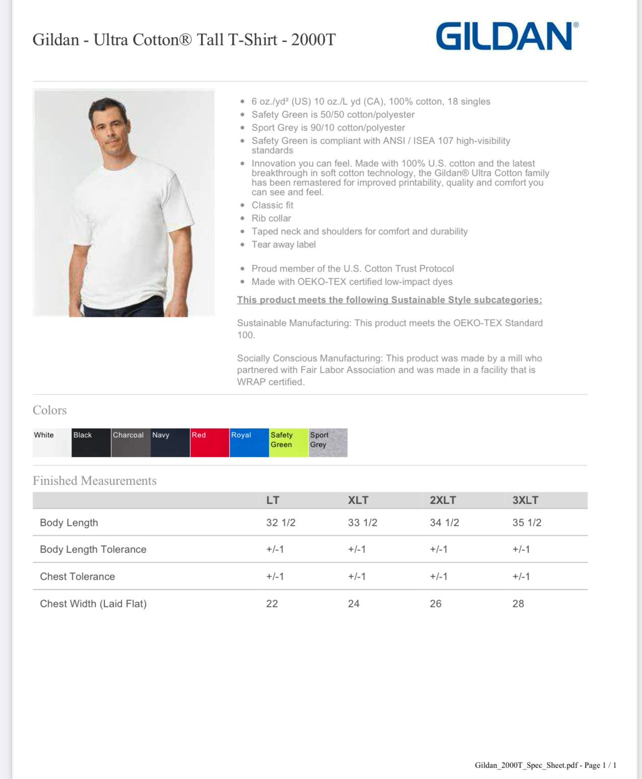 3XTALL SPORT GREY GILDAN - ULTRA COTTON TALL T-SHIRT - 2000T