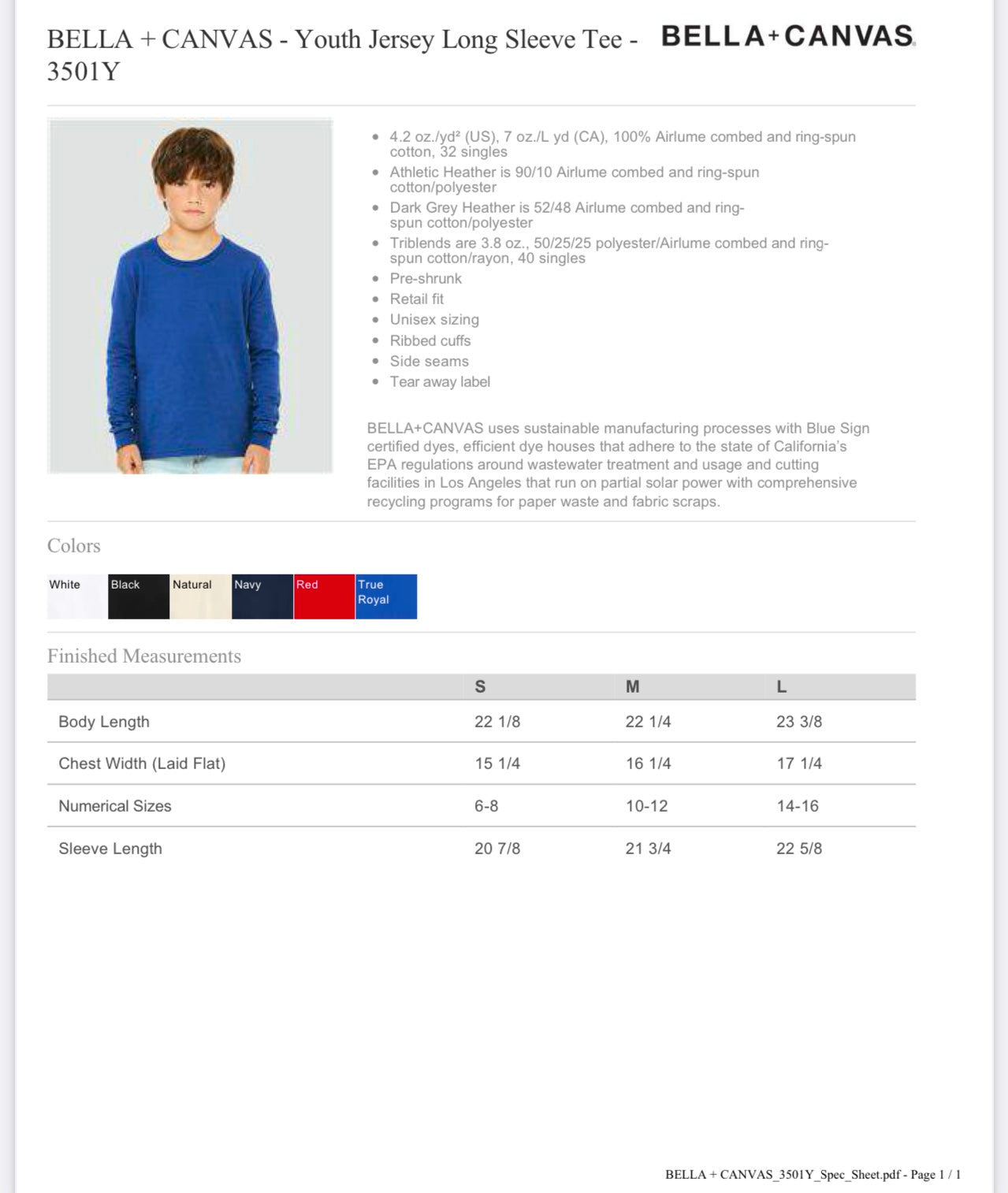 YOUTH MEDIUM RED BELLA + CANVAS - YOUTH JERSEY LONG SLEEVE TEE - 3501Y