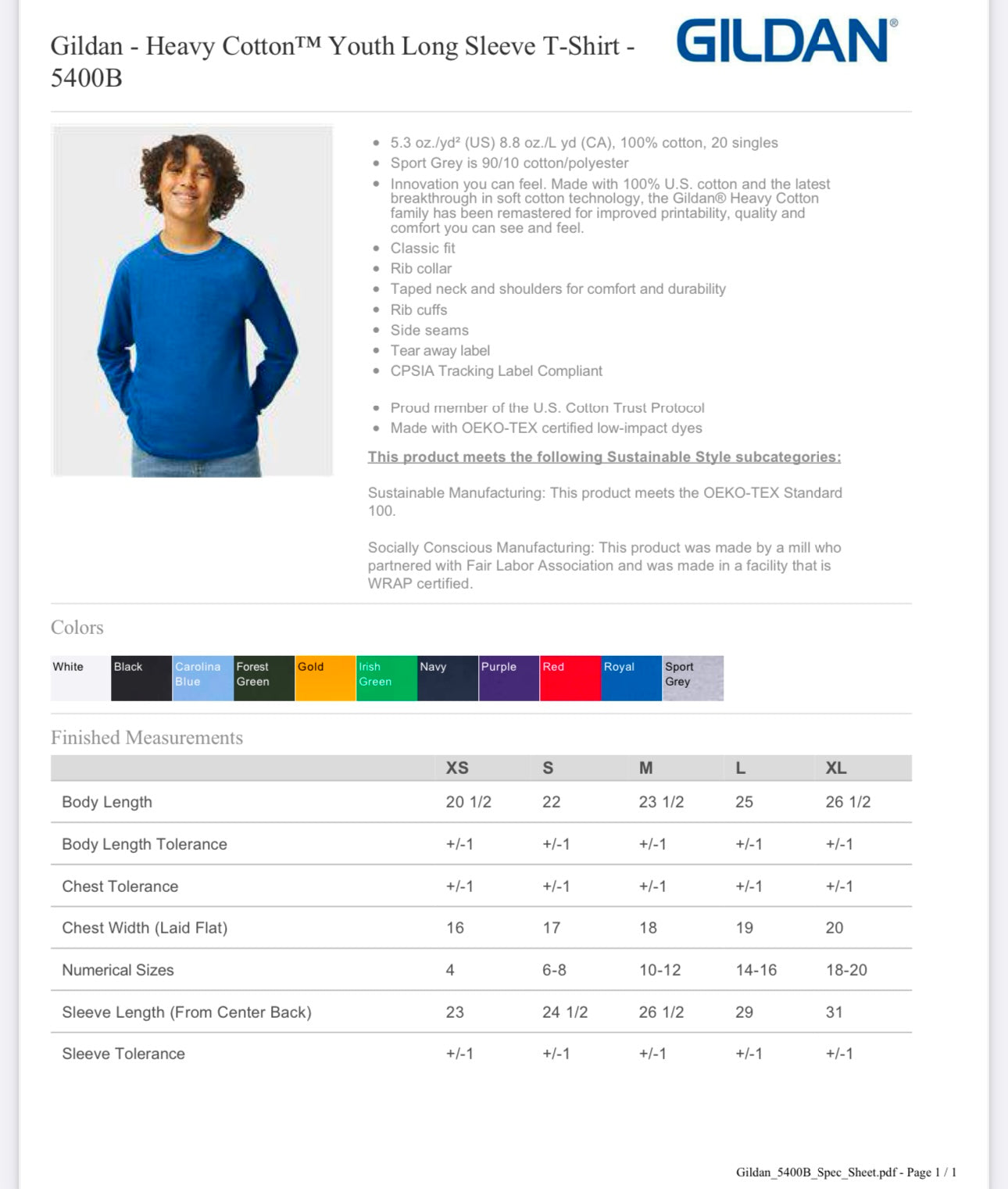 YOUTH SMALL SPORT GREY GILDAN - HEAVY COTTON YOUTH LONG SLEEVE T-SHIRT - 5400B