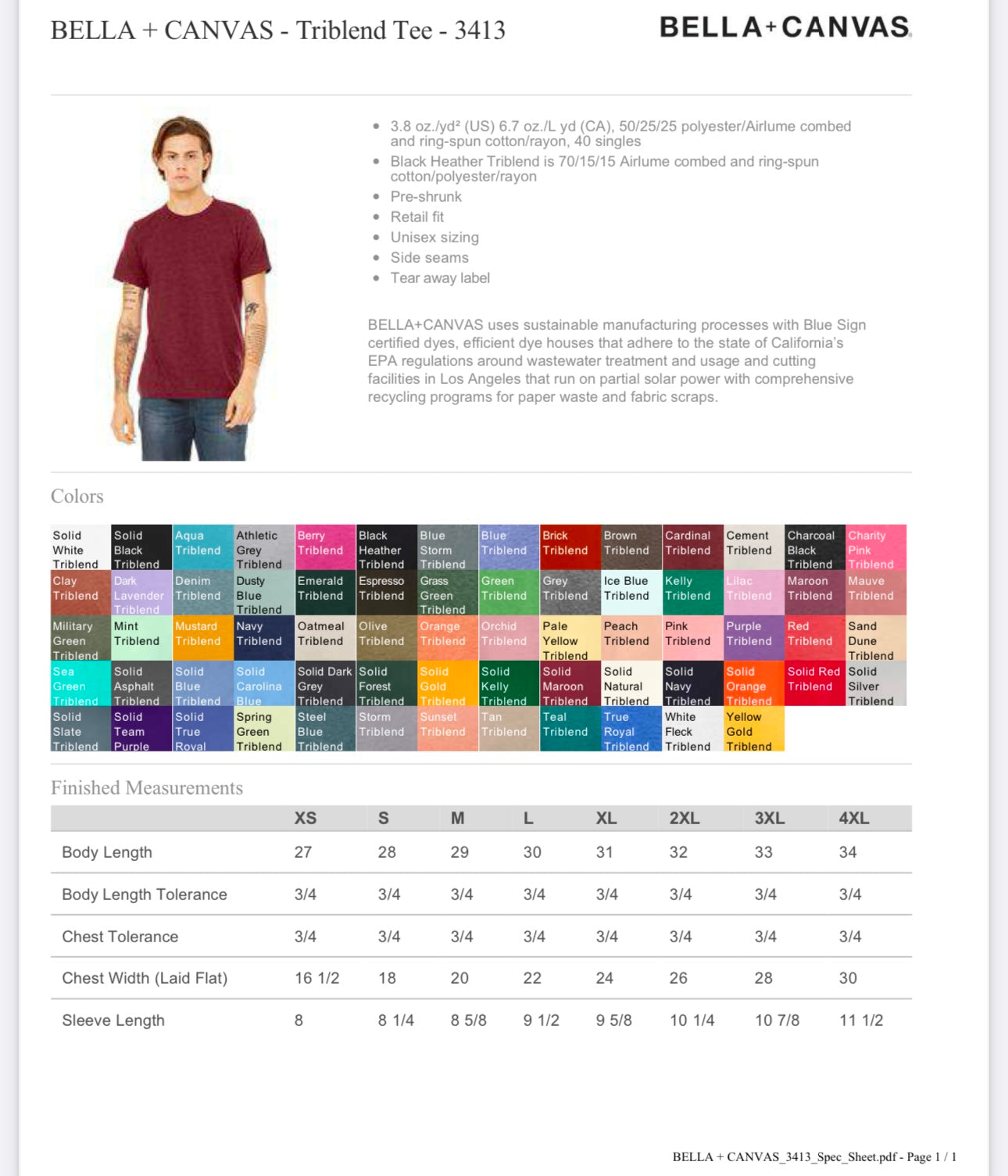 LARGE ATHLETIC GREY TRIBLAND BELLA + CANVAS - TRIBLEND TEE - 3413