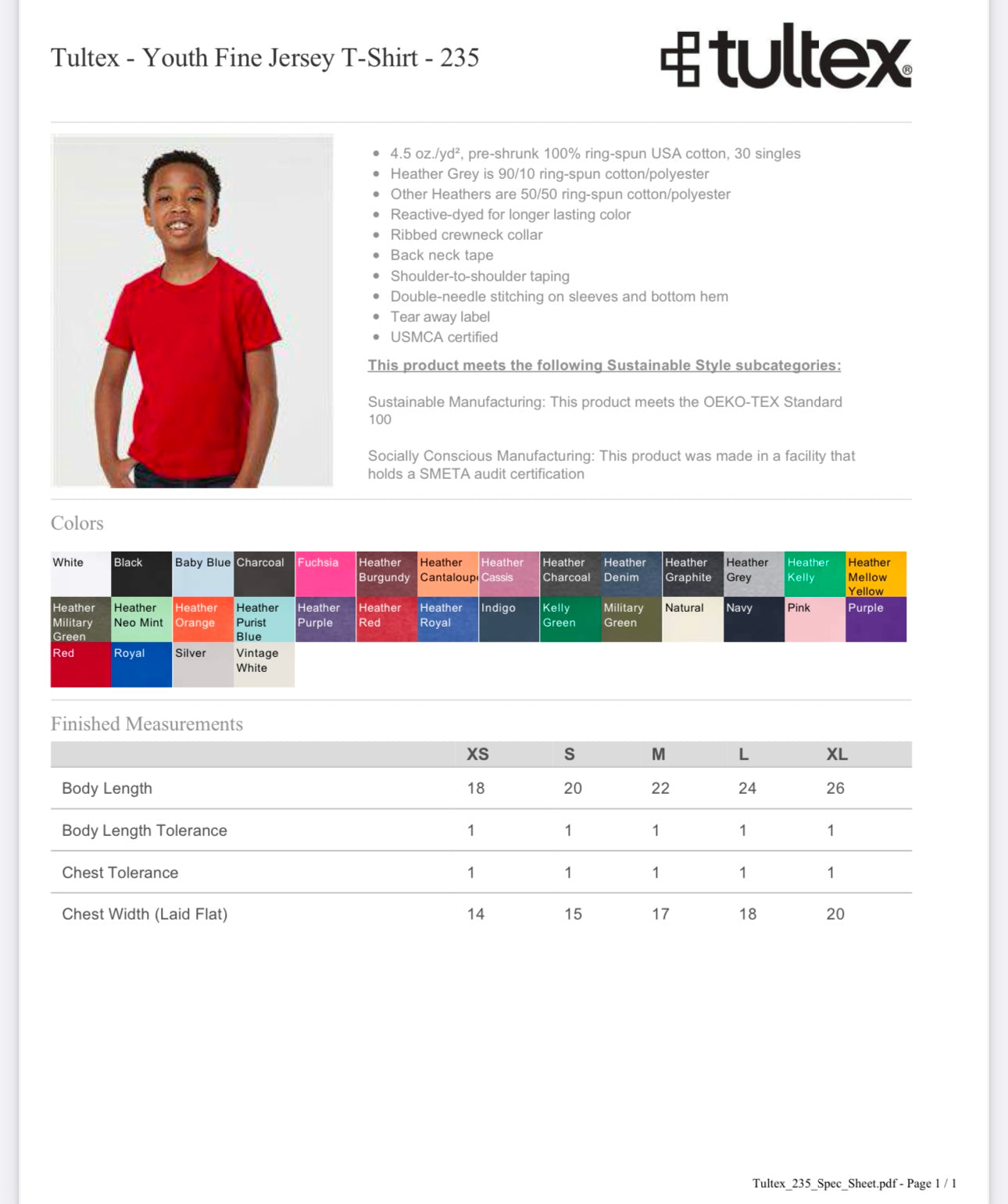 YOUTH XS MILITARY GREEN TULTEX - YOUTH FINE JERSEY T-SHIRT - 235