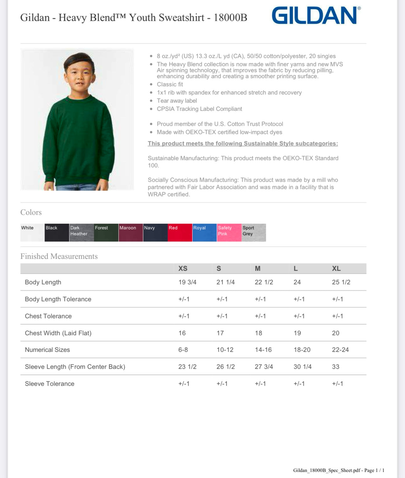 YOUTH LARGE SPORT GREY GILDAN - HEAVY BLEND YOUTH SWEATSHIRT - 18000B