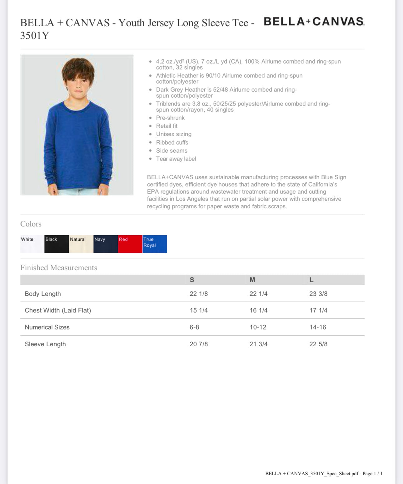 YOUTH SMALL TRUE BLUE BELLA + CANVAS - YOUTH JERSEY LONG SLEEVE TEE - 3501Y