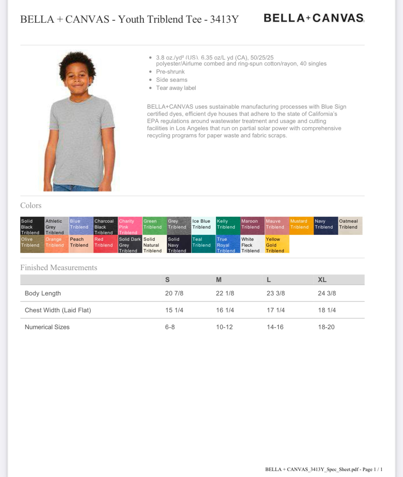 YOUTH LARGE ORANGE TRIBLEND BELLA + CANVAS - YOUTH TRIBLEND TEE - 3413Y
