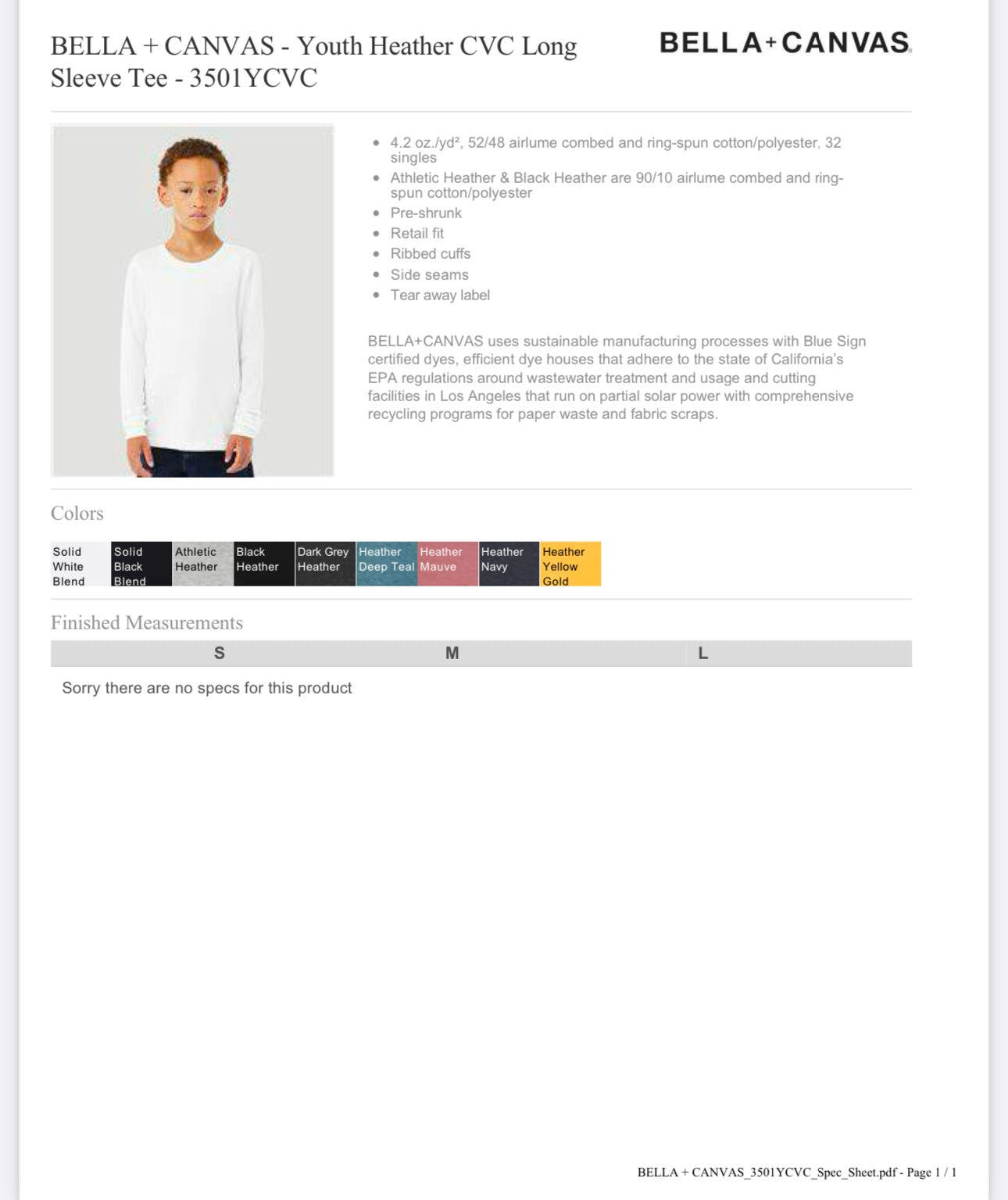 YOUTH LARGE ATHLETIC HEATHER BELLA + CANVAS - YOUTH HEATHER CVC LONG SLEEVE TEE - 3501YCVC