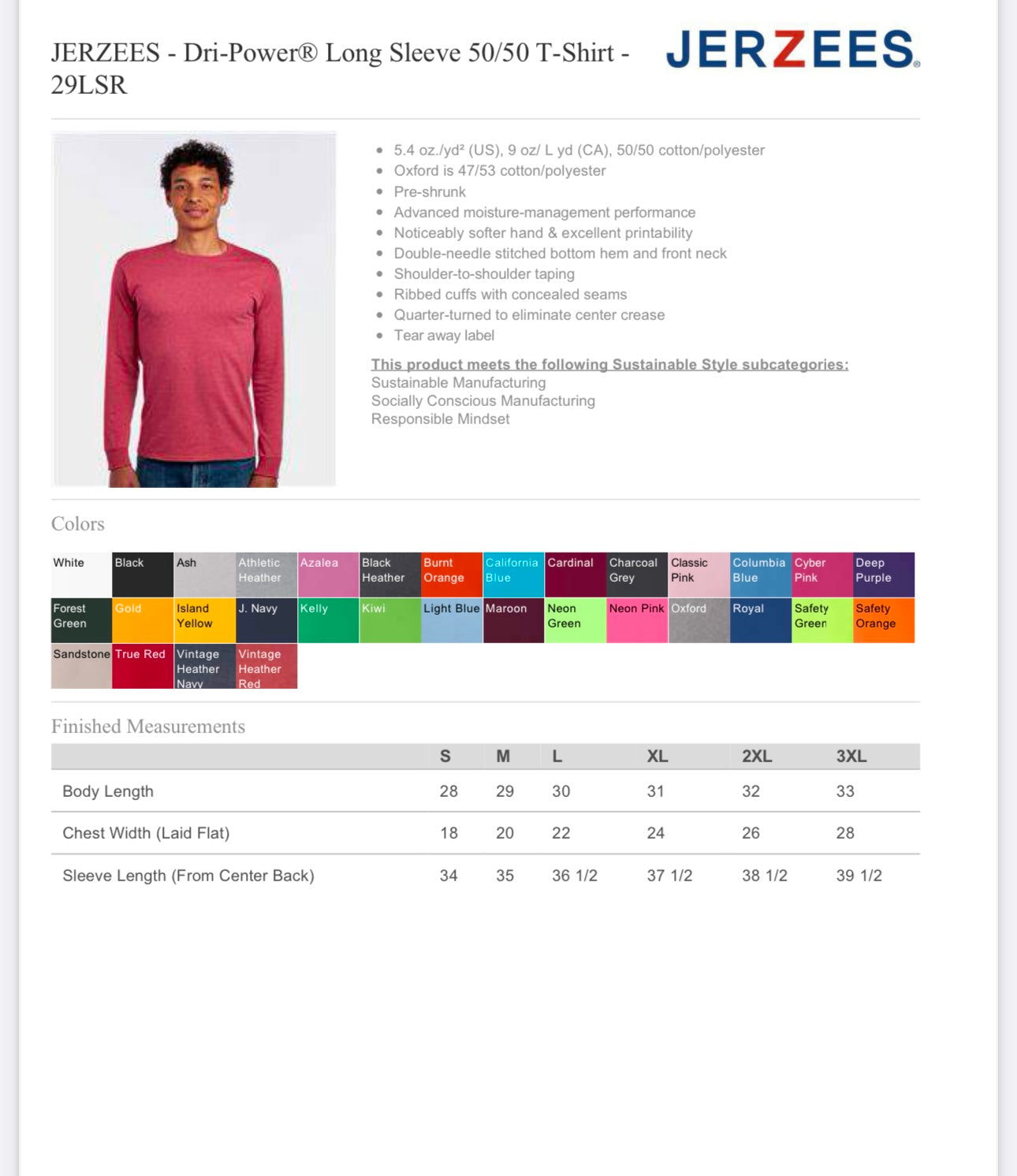 MEDIUM KIWI JERZEES - DRI POWER LONG SLEEVE 50/50 T-SHIRT