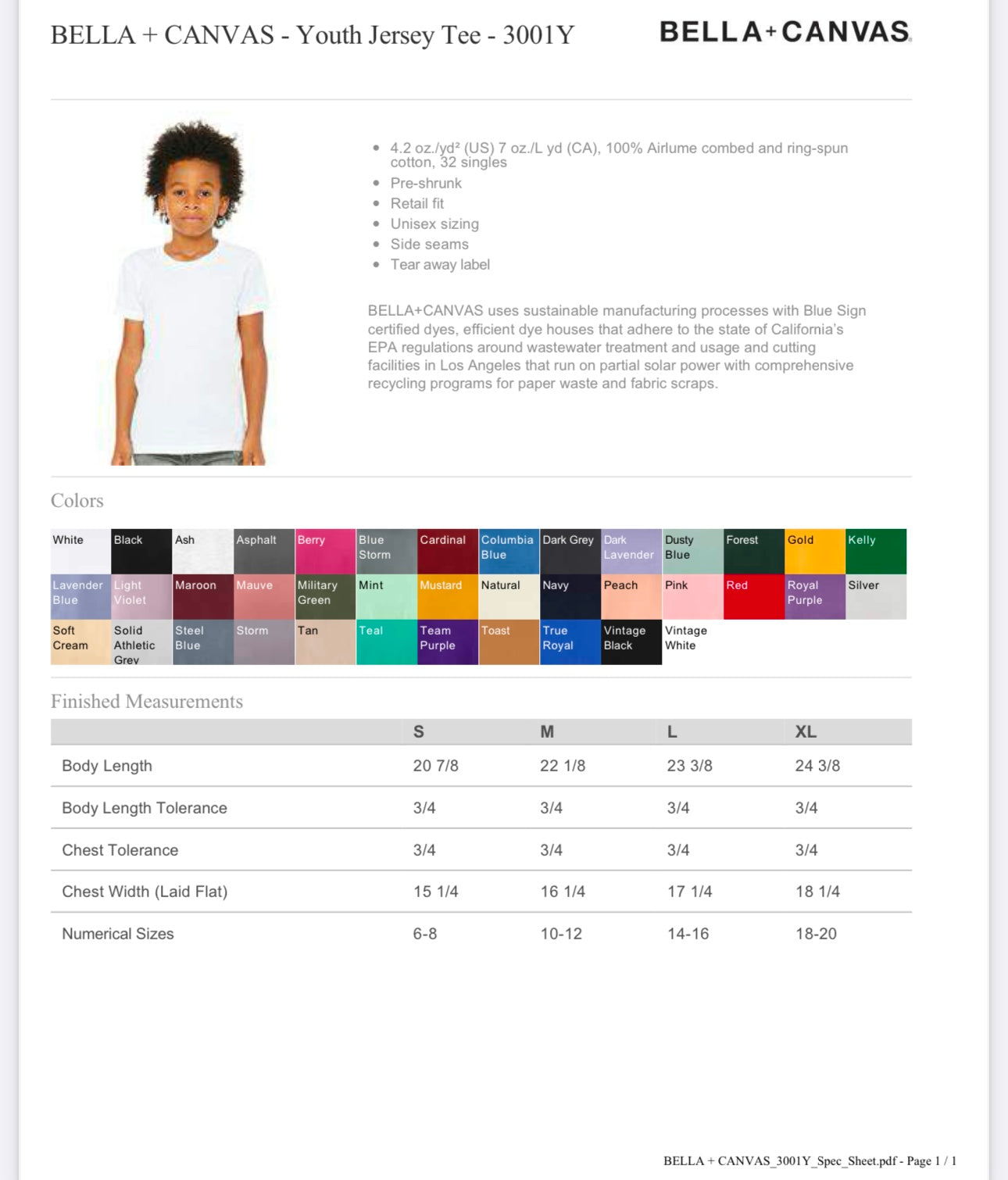 YOUTH SMALL ASH BELLA + CANVAS - YOUTH JERSEY TEE - 3001Y