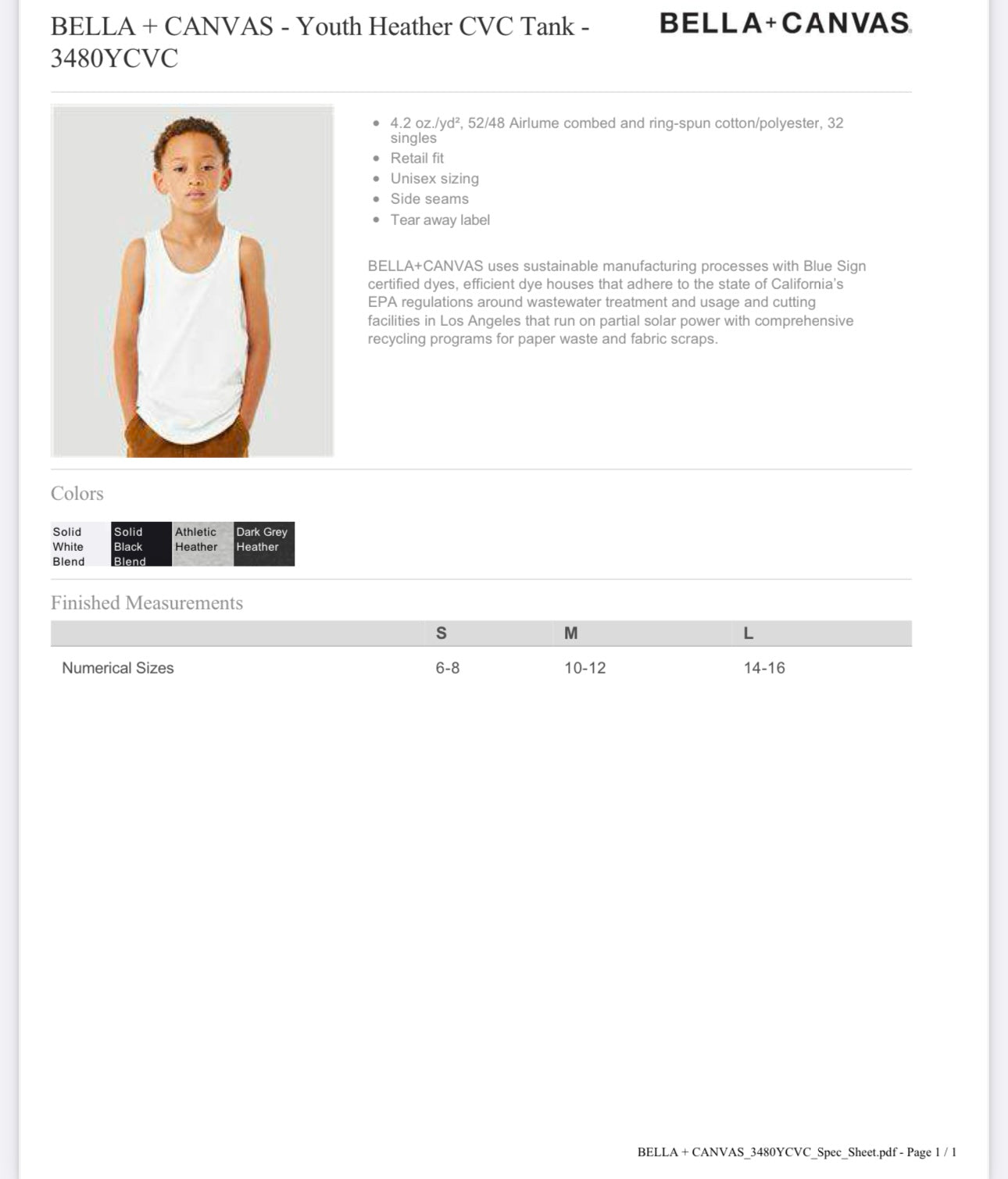 YOUTH SMALL BLACK BELLA + CANVAS - YOUTH HEATHER CVC TANK - 3480YCVC