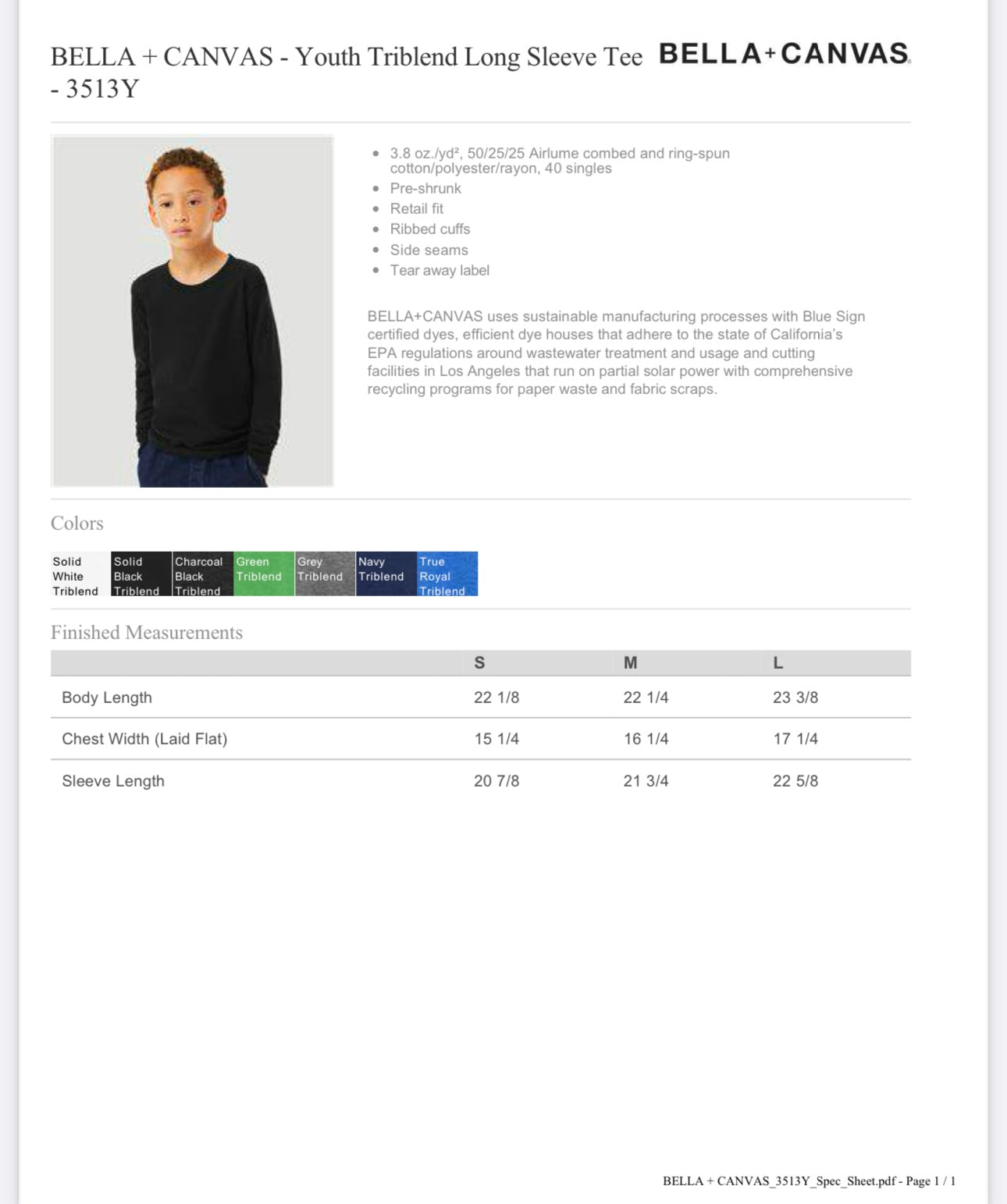 YOUTH MEDIUM GREEN TRIBLEND BELLA + CANVAS - YOUTH TRIBLEND LONG SLEEVE TEE - 3513Y