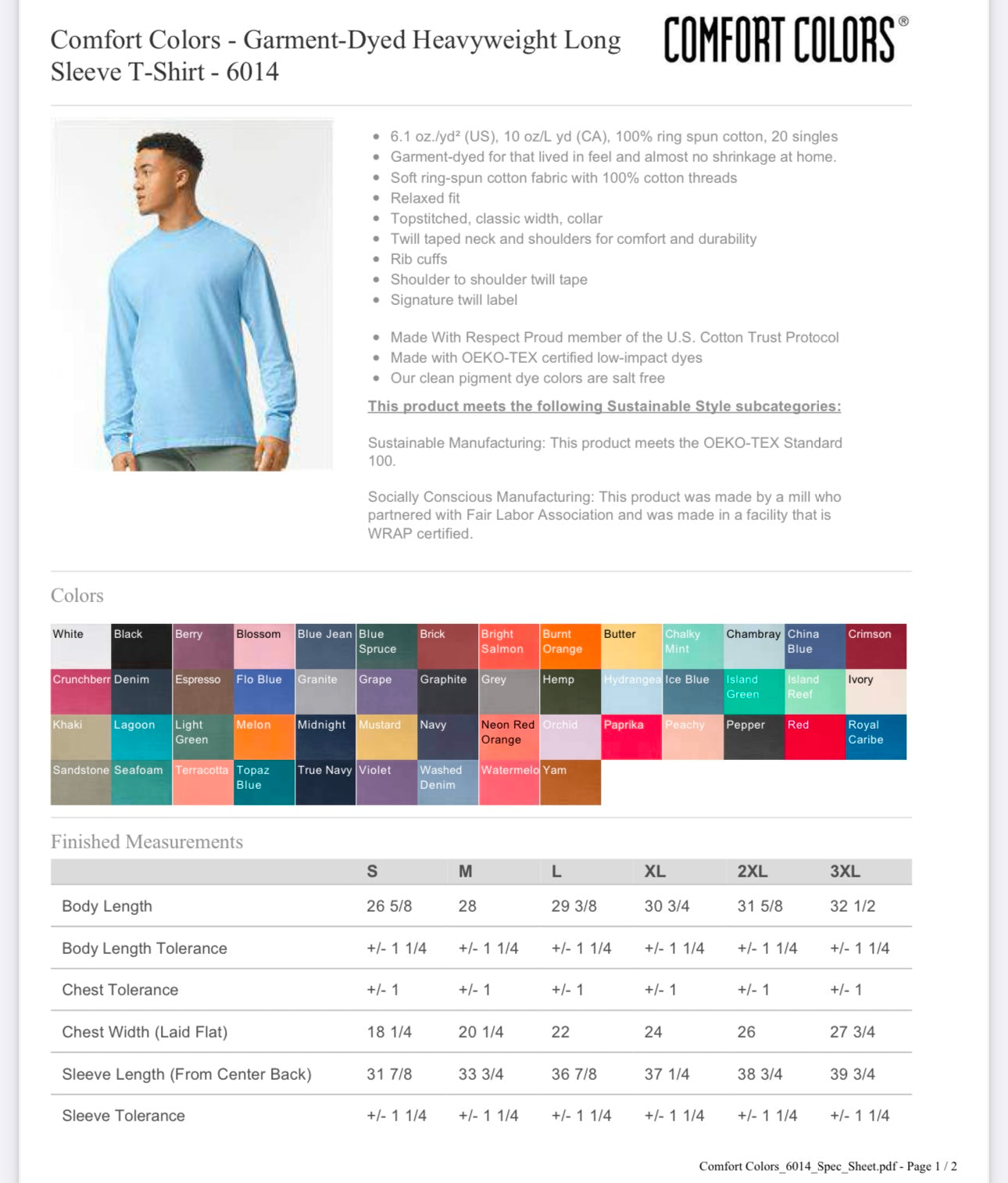 LARGE IVORY COMFORT COLORS - GARMENT-DYED HEAVYWEIGHT LONG SLEEVE T-SHIRT - 6014