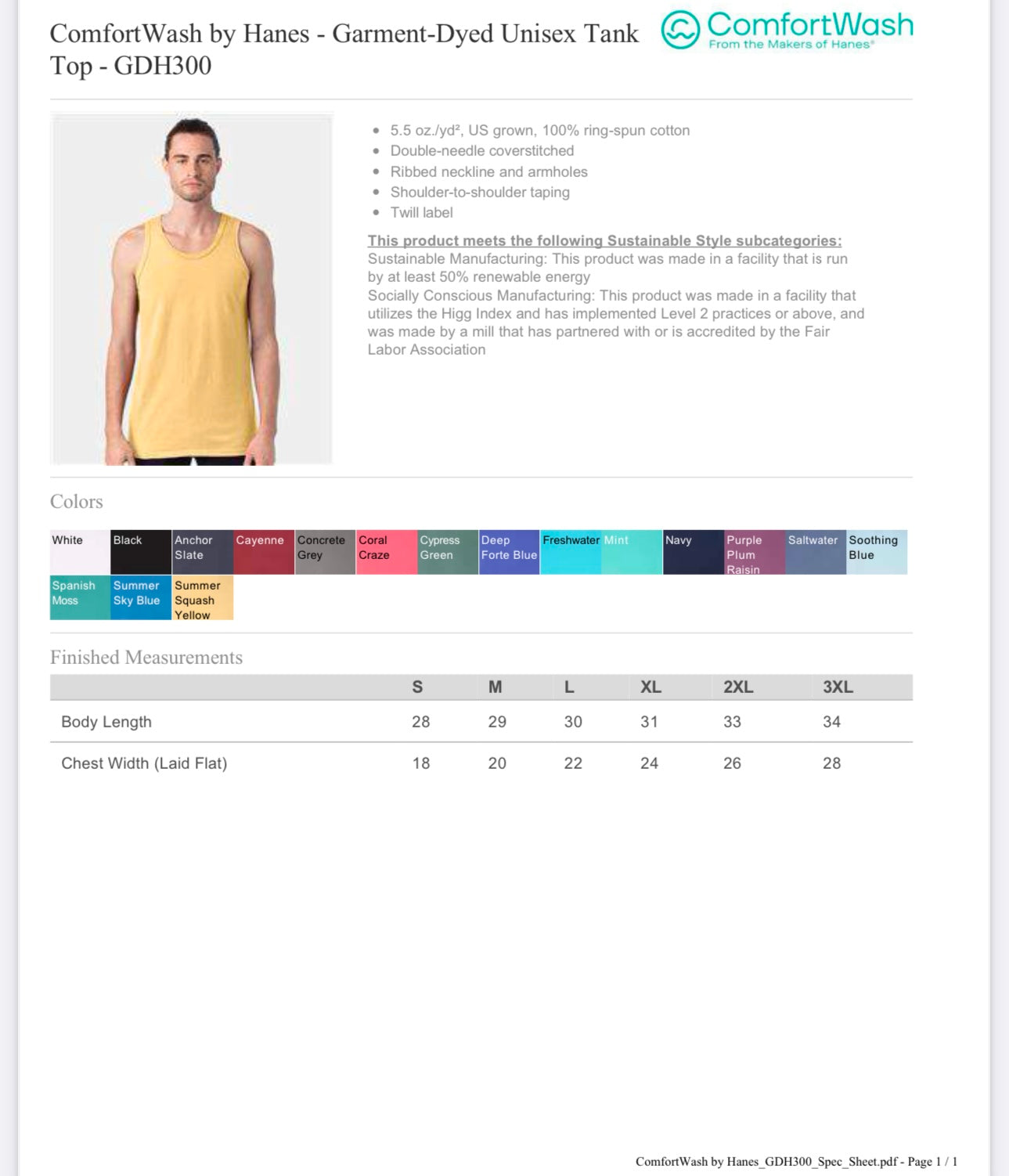2X SUMMER SQUASH YELLOW COMFORTWASH BY HANES - GARMENT-DYED UNISEX TANK TOP - GDH300