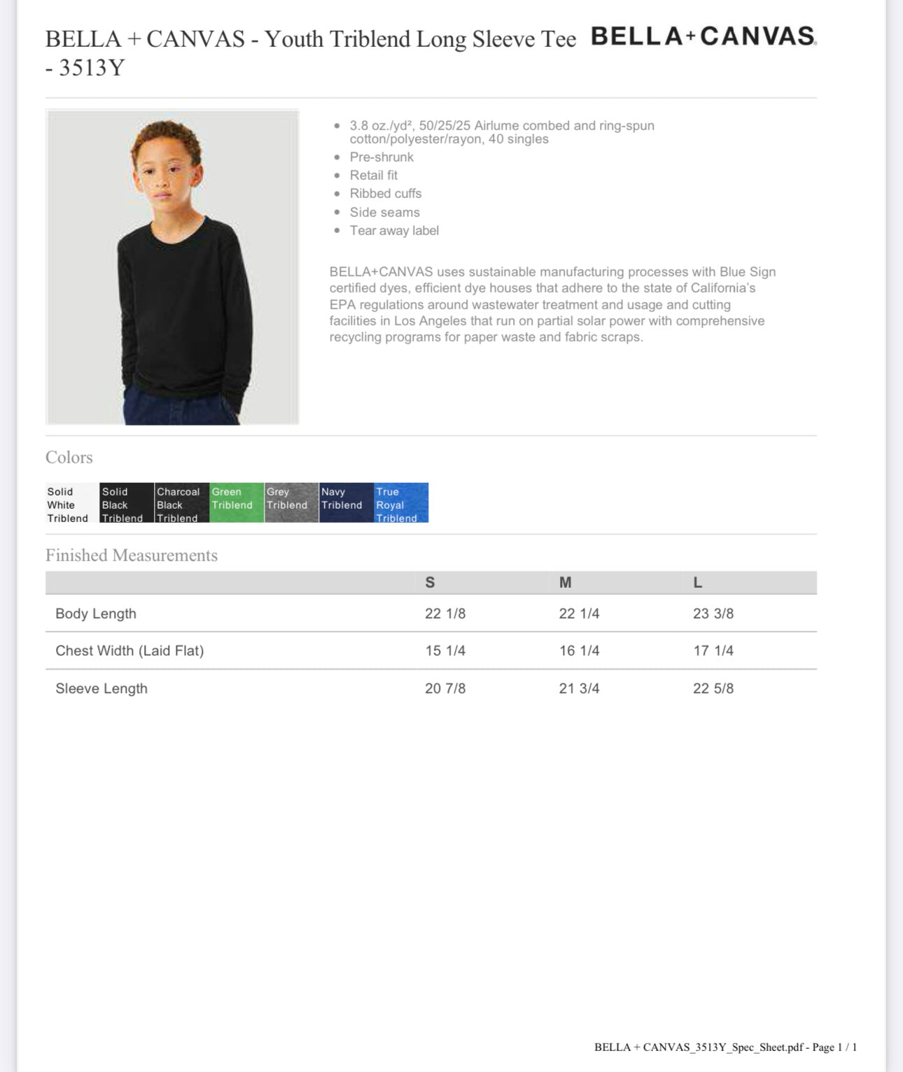 YOUTH SMALL TRUE ROYAL TRIBLEND BELLA + CANVAS - YOUTH TRIBLEND LONG SLEEVE TEE - 3513Y