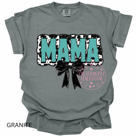 TEAL MAMA COW PRINT WITH BLACK BOW