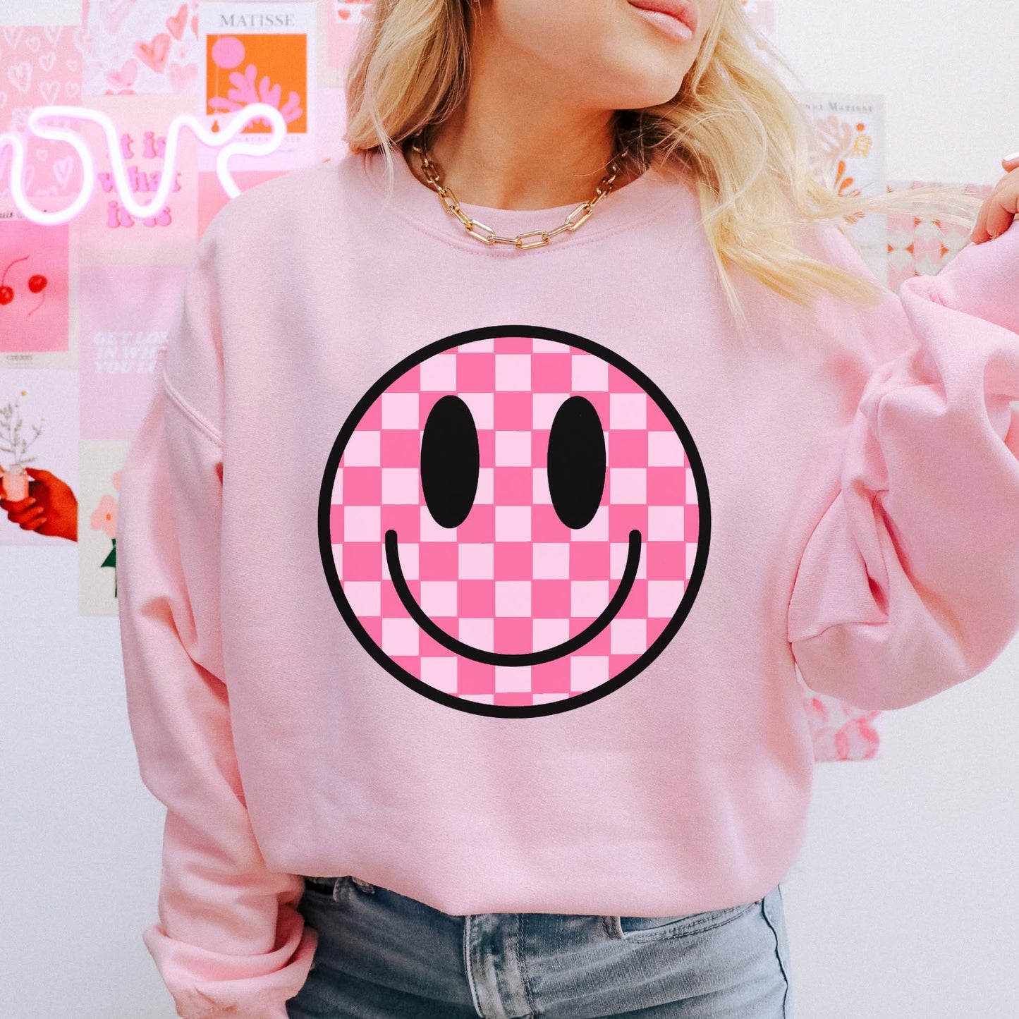 SMILEY FACE CHECKERED DARK PINK & LIGHT PINK PRINT
