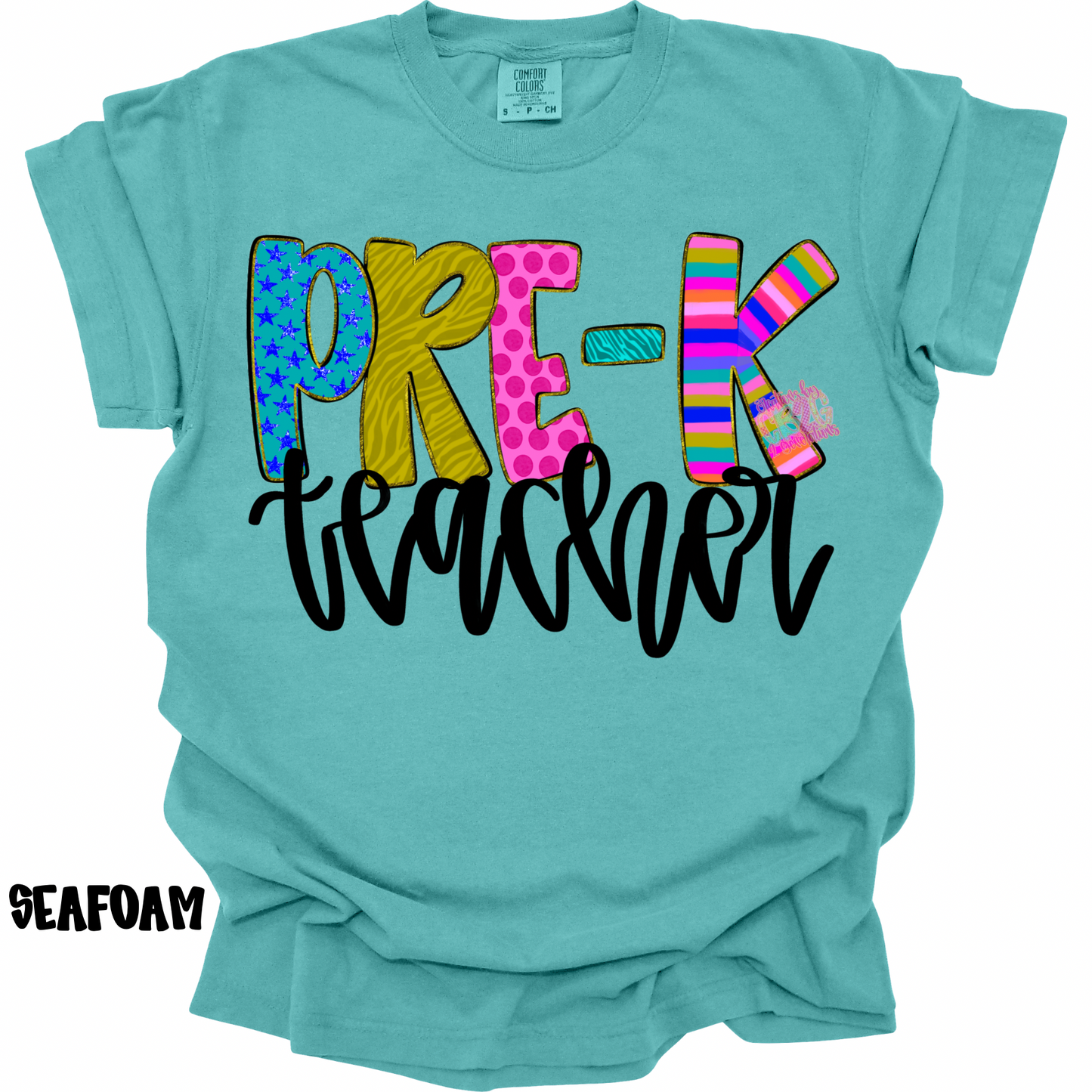 PRE-K TEACHER COLORFUL PATTERNS BLACK CURSIVE PREORDER