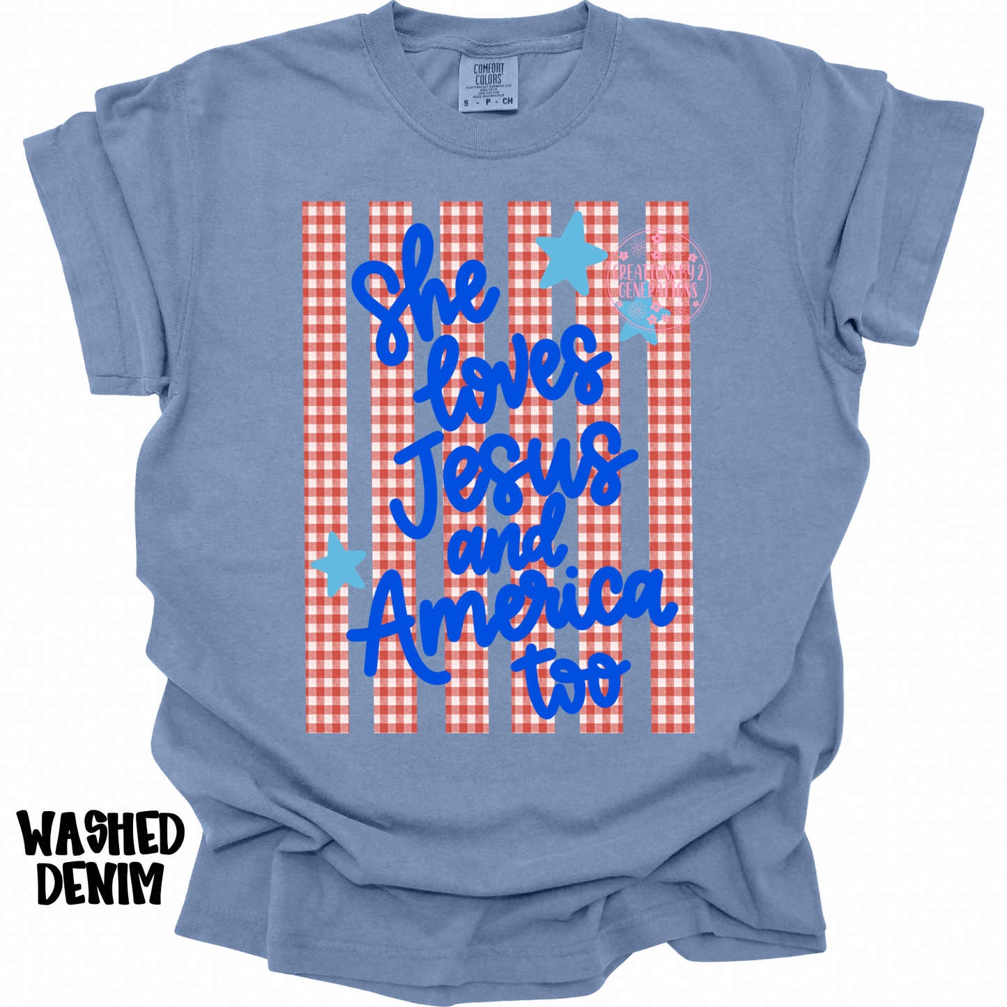 SHE LOVES JESUS AND AMERICA TOO BLUE WORDS PREORDER (YOUTH)