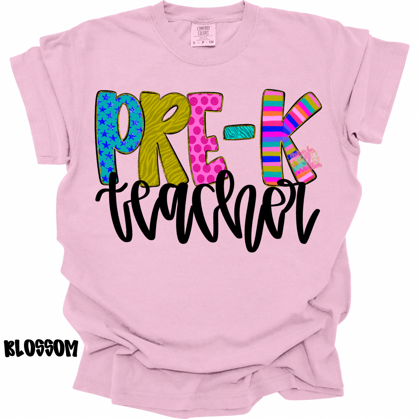PRE-K TEACHER COLORFUL PATTERNS BLACK CURSIVE PREORDER