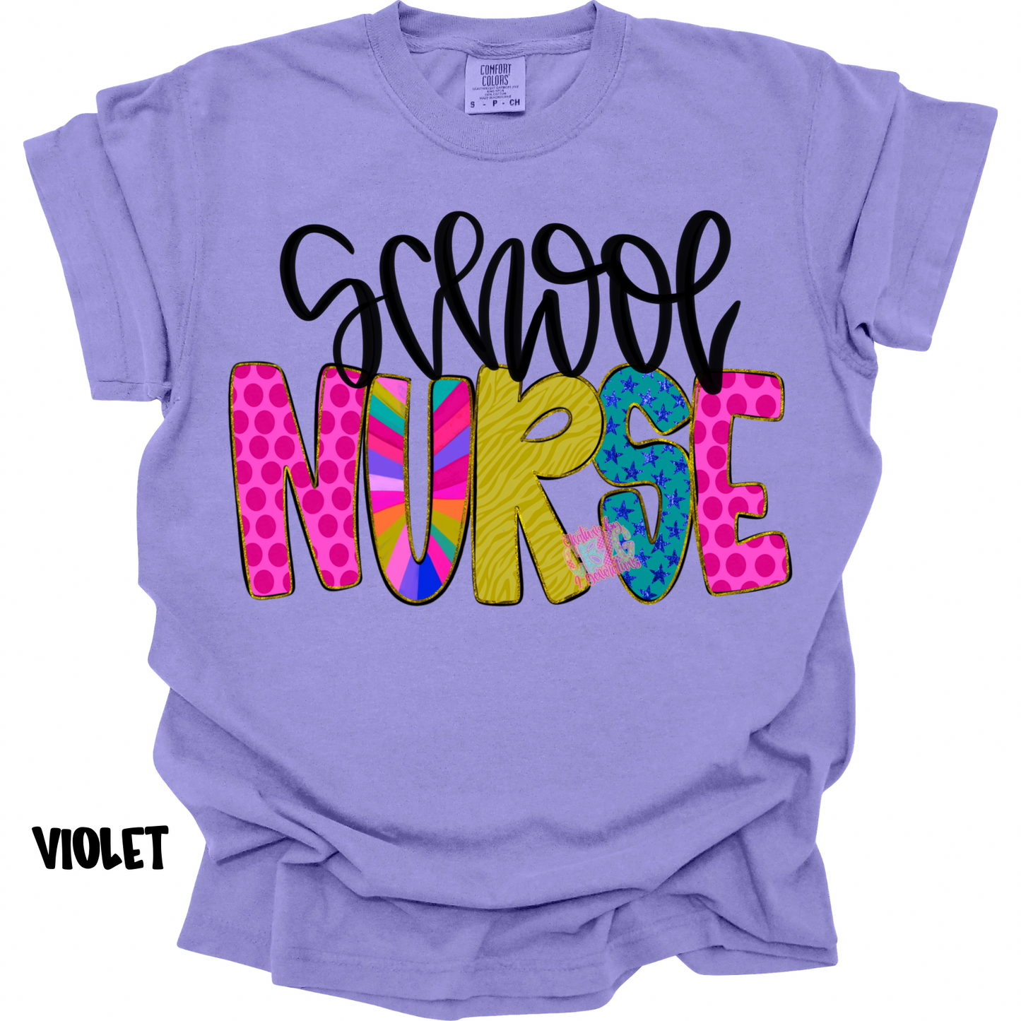 SCHOOL NURSE COLORFUL PATTERNS BLACK CURSIVE PREORDER