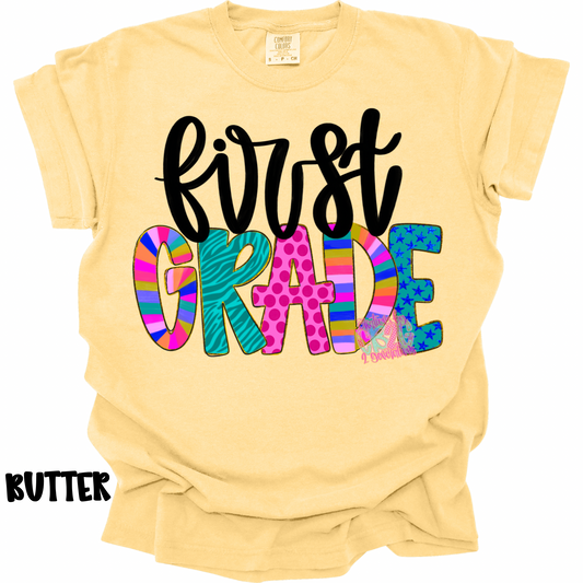 FIRST GRADE COLORFUL PATTERNS BLACK CURSIVE PREORDER (YOUTH)