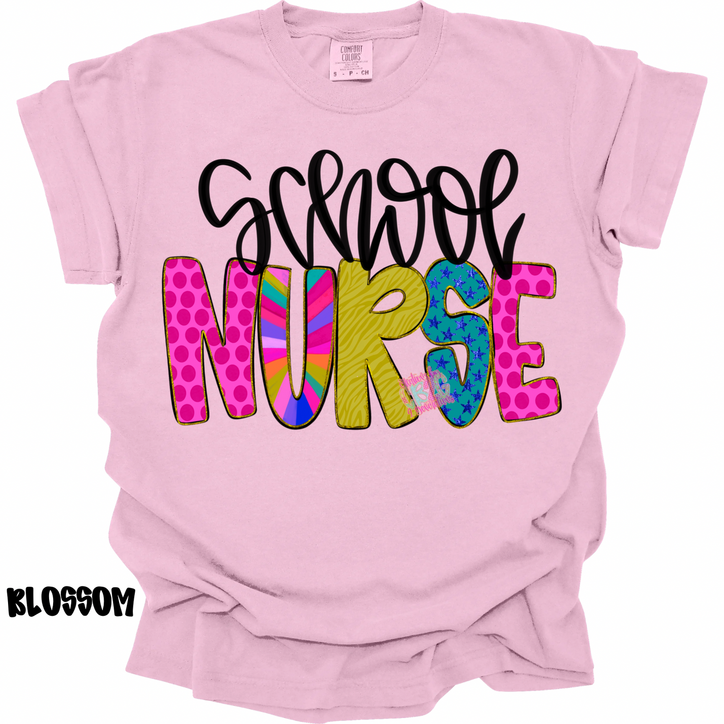 SCHOOL NURSE COLORFUL PATTERNS BLACK CURSIVE PREORDER