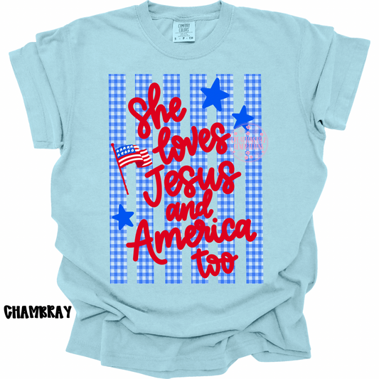 SHE LOVES JESUS AND AMERICA TOO RED WORDS PREORDER (YOUTH)