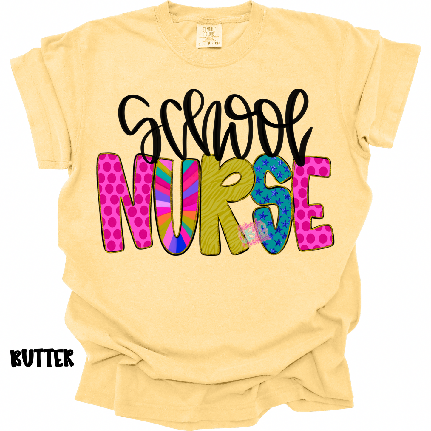 SCHOOL NURSE COLORFUL PATTERNS BLACK CURSIVE PREORDER