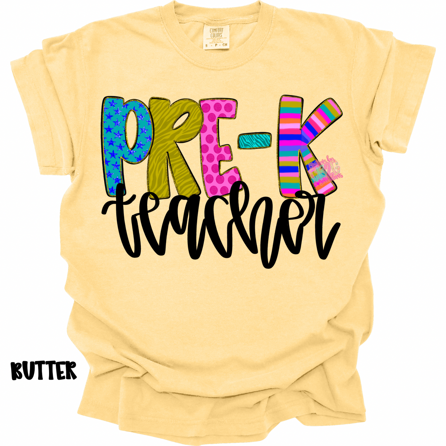 PRE-K TEACHER COLORFUL PATTERNS BLACK CURSIVE PREORDER