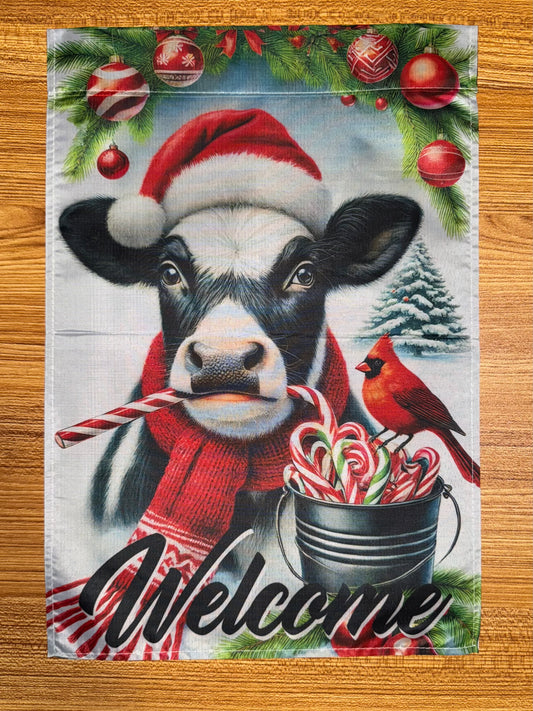 WELCOME COW CANDY CANE FLAG