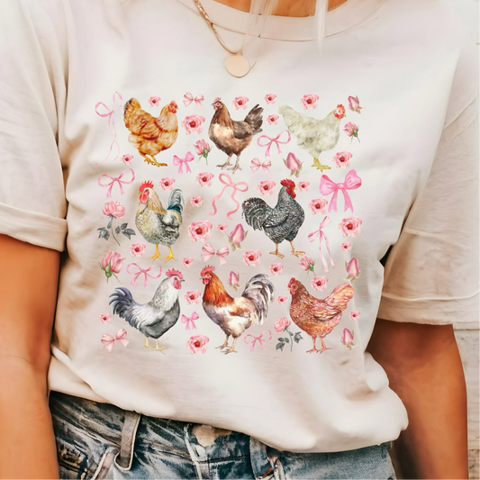 CHICKEN PINK BOWS & FLOWERS PRINT