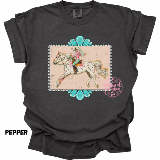 COWGIRL WITH WHITE HORSE & TURQUOISE PREORDER (YOUTH)