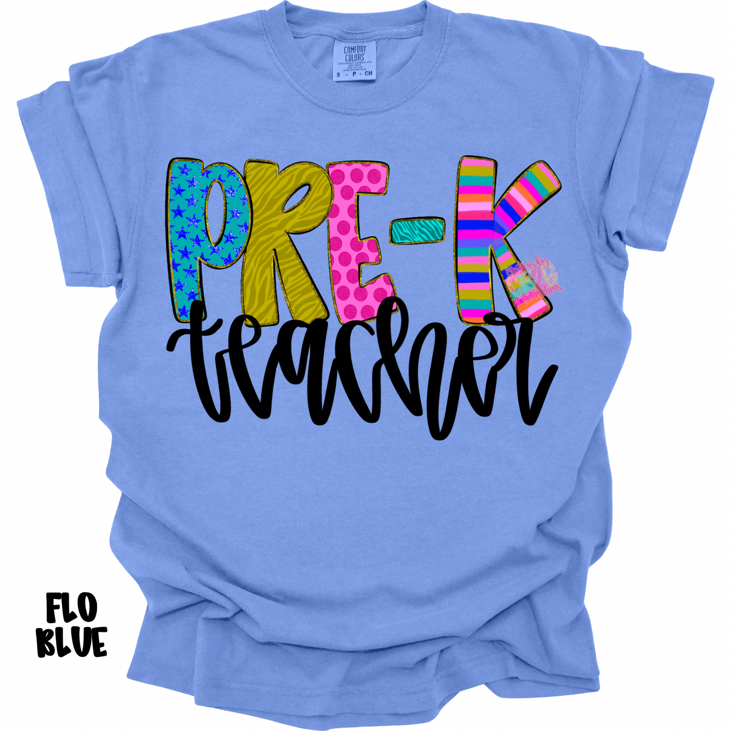 PRE-K TEACHER COLORFUL PATTERNS BLACK CURSIVE PREORDER