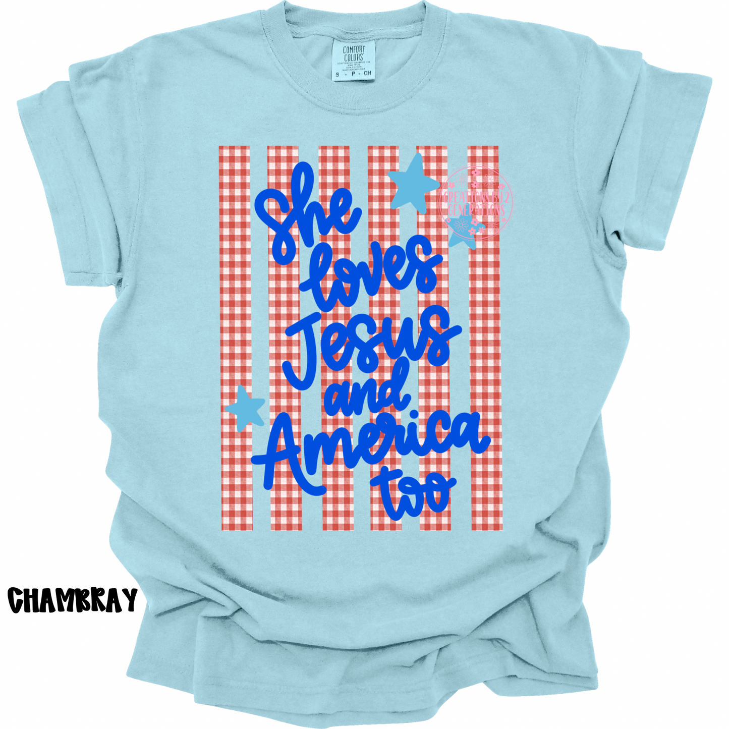 SHE LOVES JESUS AND AMERICA TOO BLUE WORDS PREORDER (YOUTH)