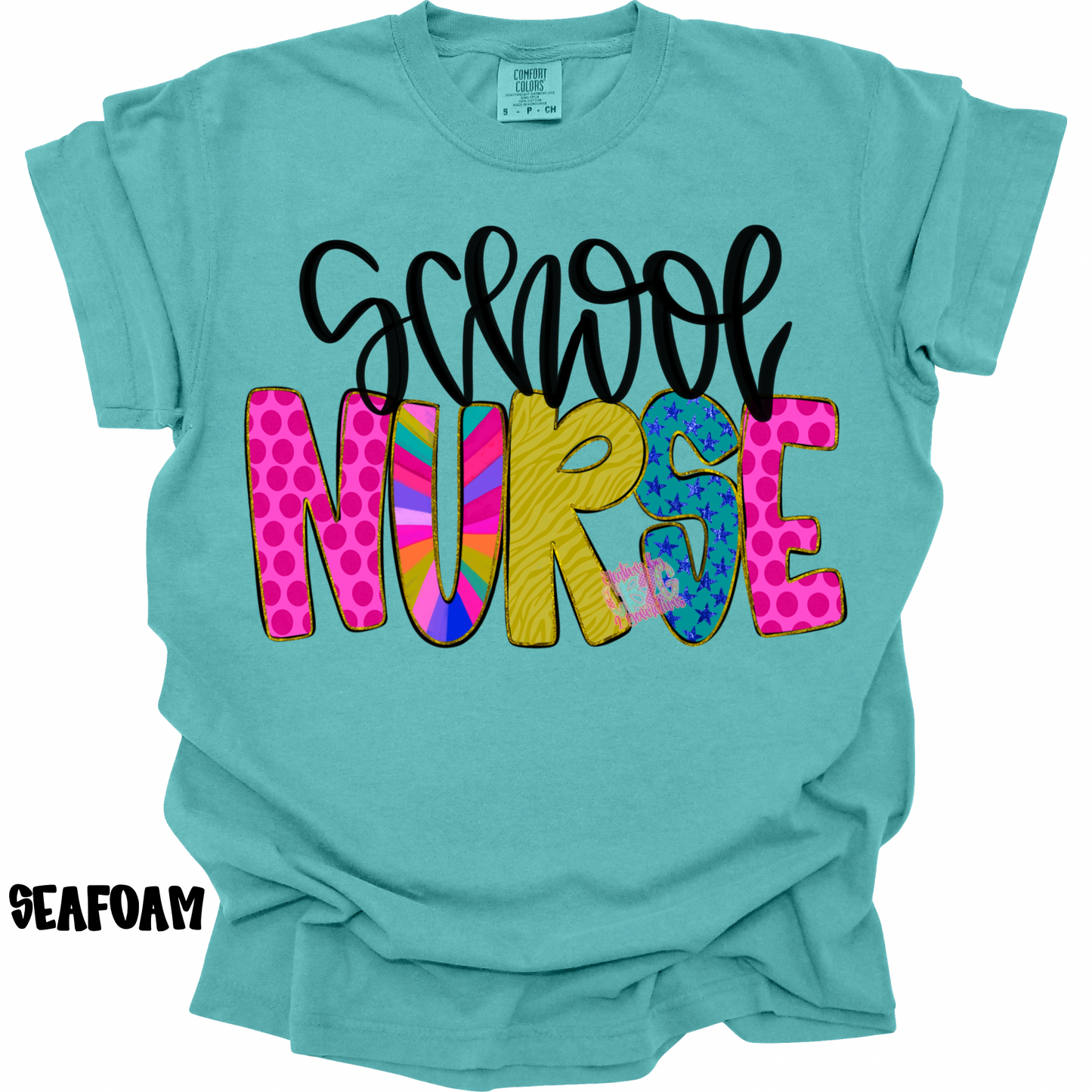 SCHOOL NURSE COLORFUL PATTERNS BLACK CURSIVE PREORDER