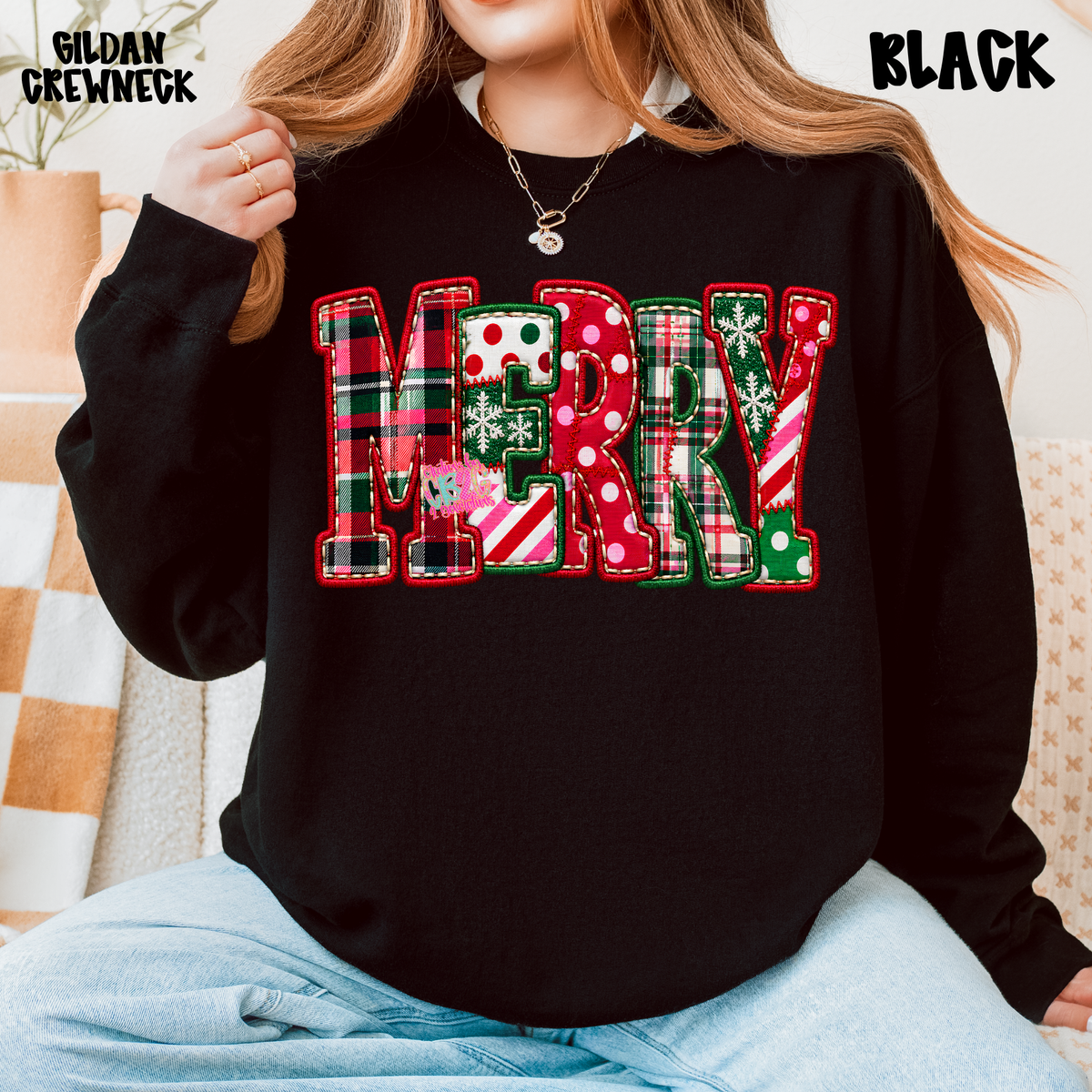 MERRY PLAID FAUX EMBROIDERY SWEATSHIRT PREORDER