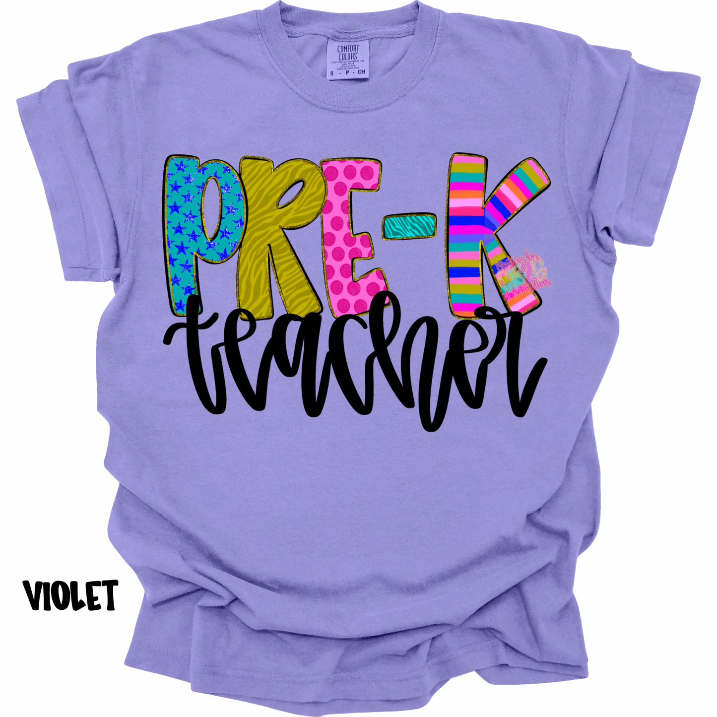 PRE-K TEACHER COLORFUL PATTERNS BLACK CURSIVE PREORDER
