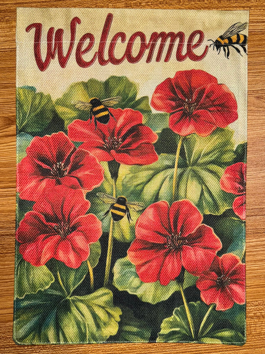WELCOME RED FLOWERS FLAG