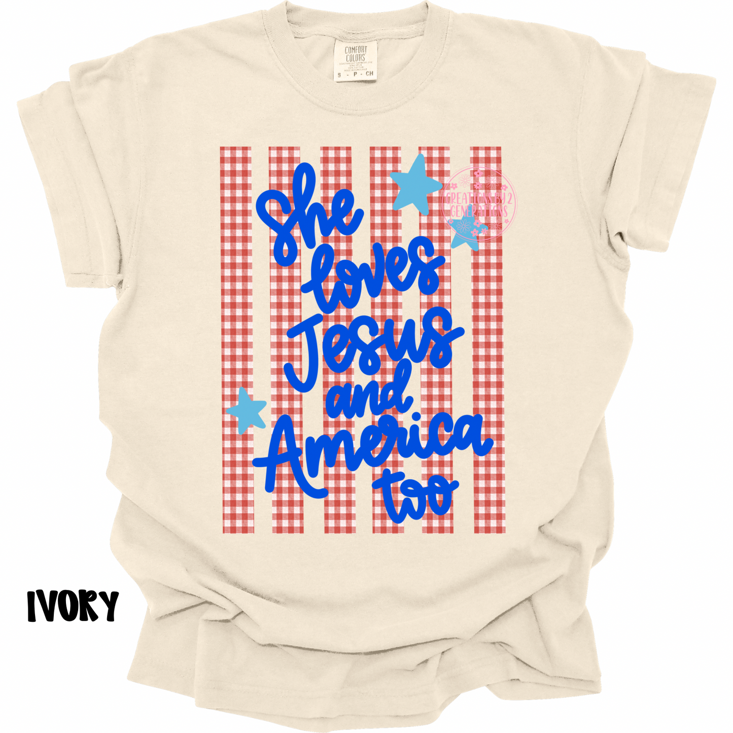 SHE LOVES JESUS AND AMERICA TOO BLUE WORDS PREORDER (YOUTH)